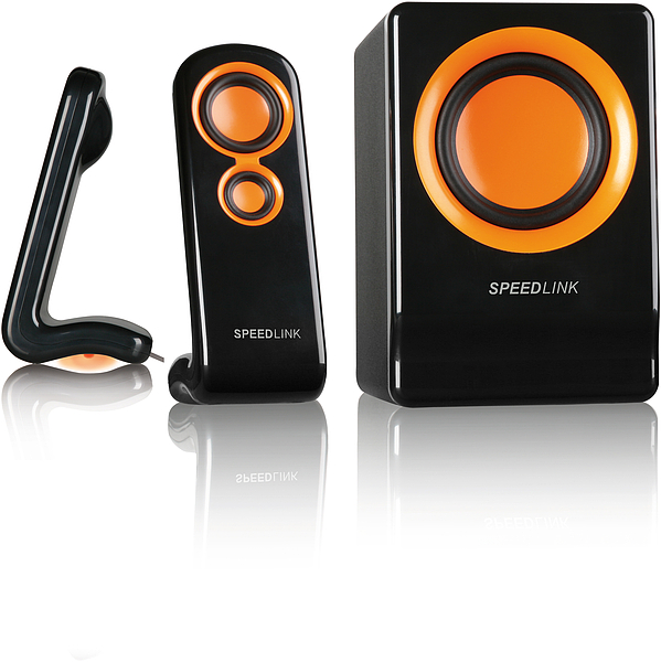 SPEEDLINK 2.1 Lautsprecherset in Schwarz-Orange, bestehend aus zwei Satelliten und einem Subwoofer, ideal für PC oder Laptop