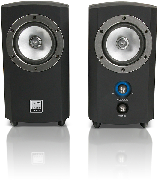 Zwei schwarze Speedlink Lautsprecher mit silbernen Membranen, vorne Lautstärke- und Klangregler sichtbar