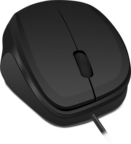 Abbildung einer schwarzen kabelgebundenen Computermaus mit ergonomischer Form und Scrollrad