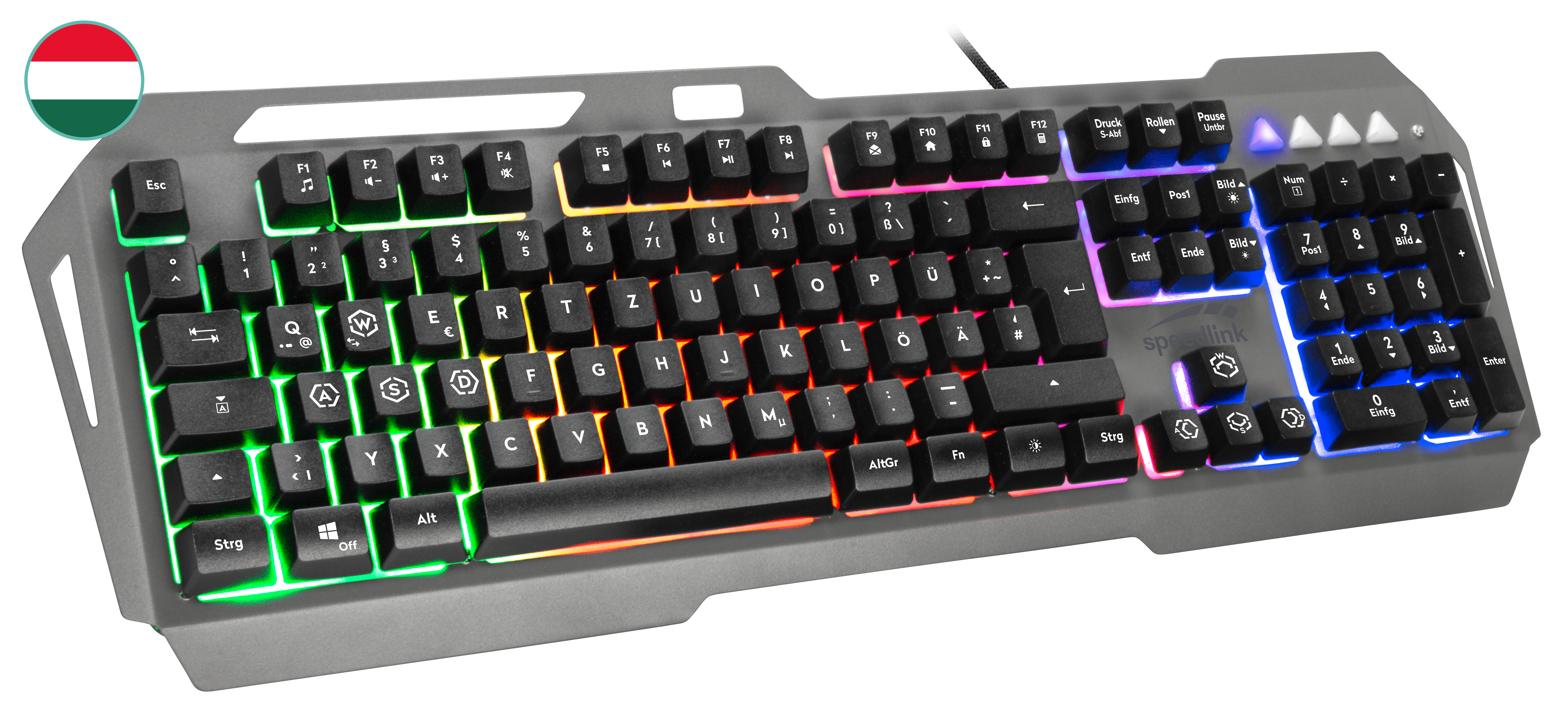 Beleuchtete Gaming-Tastatur mit deutschem QWERTZ-Layout und RGB-Hintergrundbeleuchtung, metallic Design, Handballenauflage