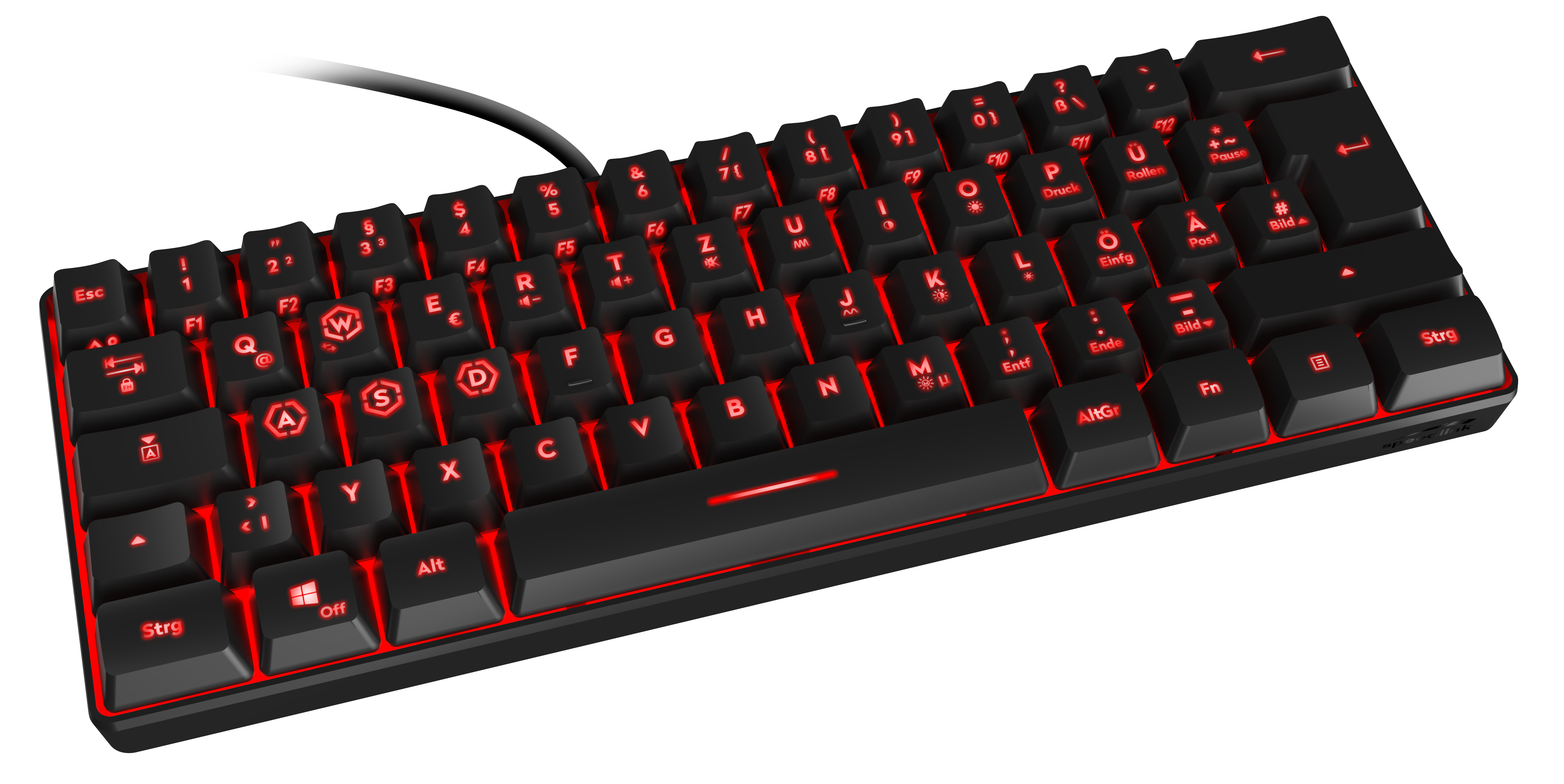 Mechanische QWERTZ-Gaming-Tastatur mit roter Beleuchtung, abnehmbaren Tasten und kompaktem Design