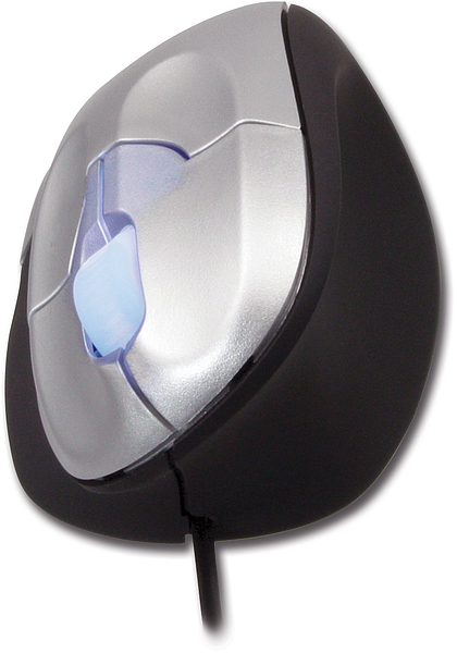 Close-up einer ergonomischen Computermaus mit silbernem Gehäuse, beleuchtetem Scrollrad und schwarzer Seitenpartie