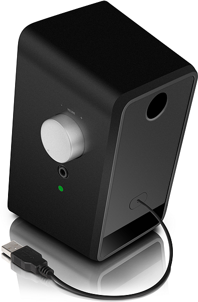 Schwarzer USB-Lautsprecher mit großem silbernem Lautstärkeregler und Audiokabel, geeignet für PC und Laptop