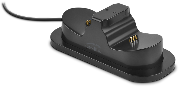 Schwarze Speedlink Ladestation zum gleichzeitigen Aufladen von zwei PlayStation Controllern, mit Kabelanschluss