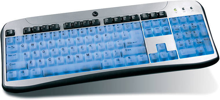 Moderne Computertastatur mit ergonomischem Design, Zusatzfunktionstasten und blau hervorgehobenen Tasten
