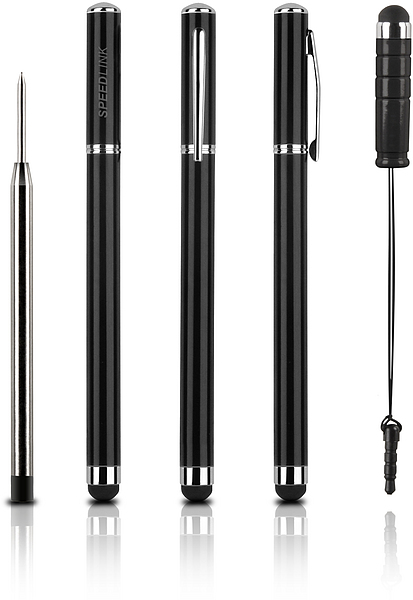 Speedlink Stylus Set in Schwarz mit mehreren Stiften, Ersatzmine und Touchscreen-Stift mit Halterung