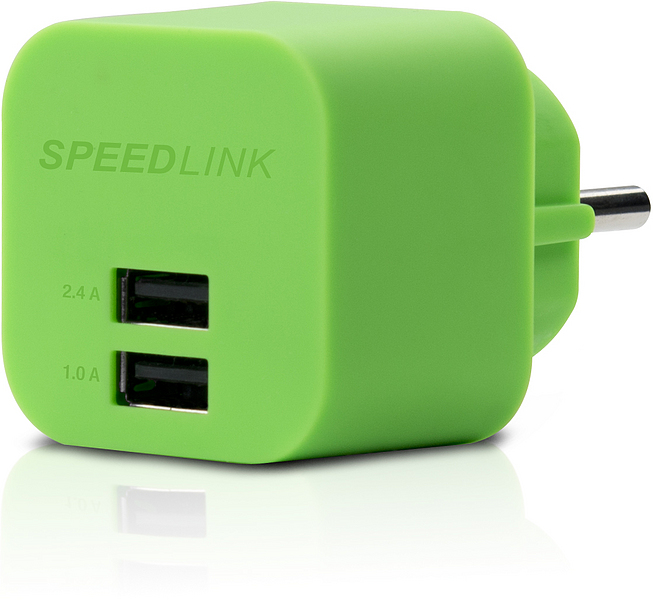 Grüner SPEEDLINK USB-Ladeadapter mit zwei USB-Anschlüssen, geeignet für verschiedene Geräte