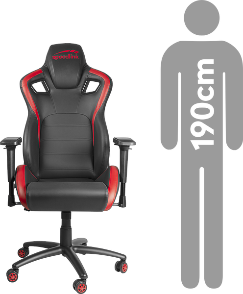 Schwarzer und roter Speedlink Gaming Stuhl auf Rollen, daneben eine 190 cm große Figur zum Größenvergleich