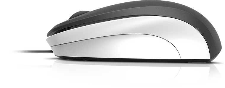 Seitliche Ansicht einer modernen, kabelgebundenen Computermaus in Silber und Schwarz mit ergonomischem Design