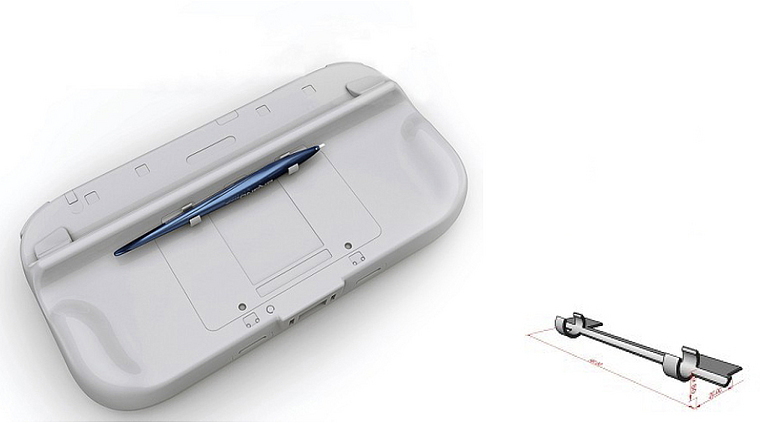 Weiße Rückseite eines Gaming-Controllers, darauf liegt ein blauer Stylus-Stift, daneben technische Zeichnung eines Bauteils