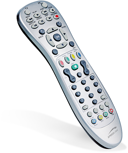 Silberne Speedlink Universal-Fernbedienung mit zahlreichen Funktionstasten für verschiedene Geräte