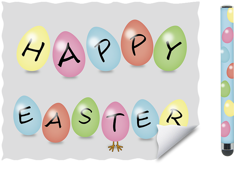 Plakat mit bunten Ostereiern, die den Schriftzug 'Happy Easter' bilden, und einem dekorativen Rand