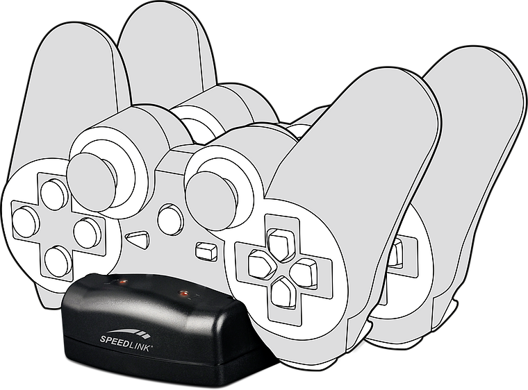 Speedlink Ladestation lädt zwei Spiele-Controller auf, gezeichnete Abbildung mit Dockingstation