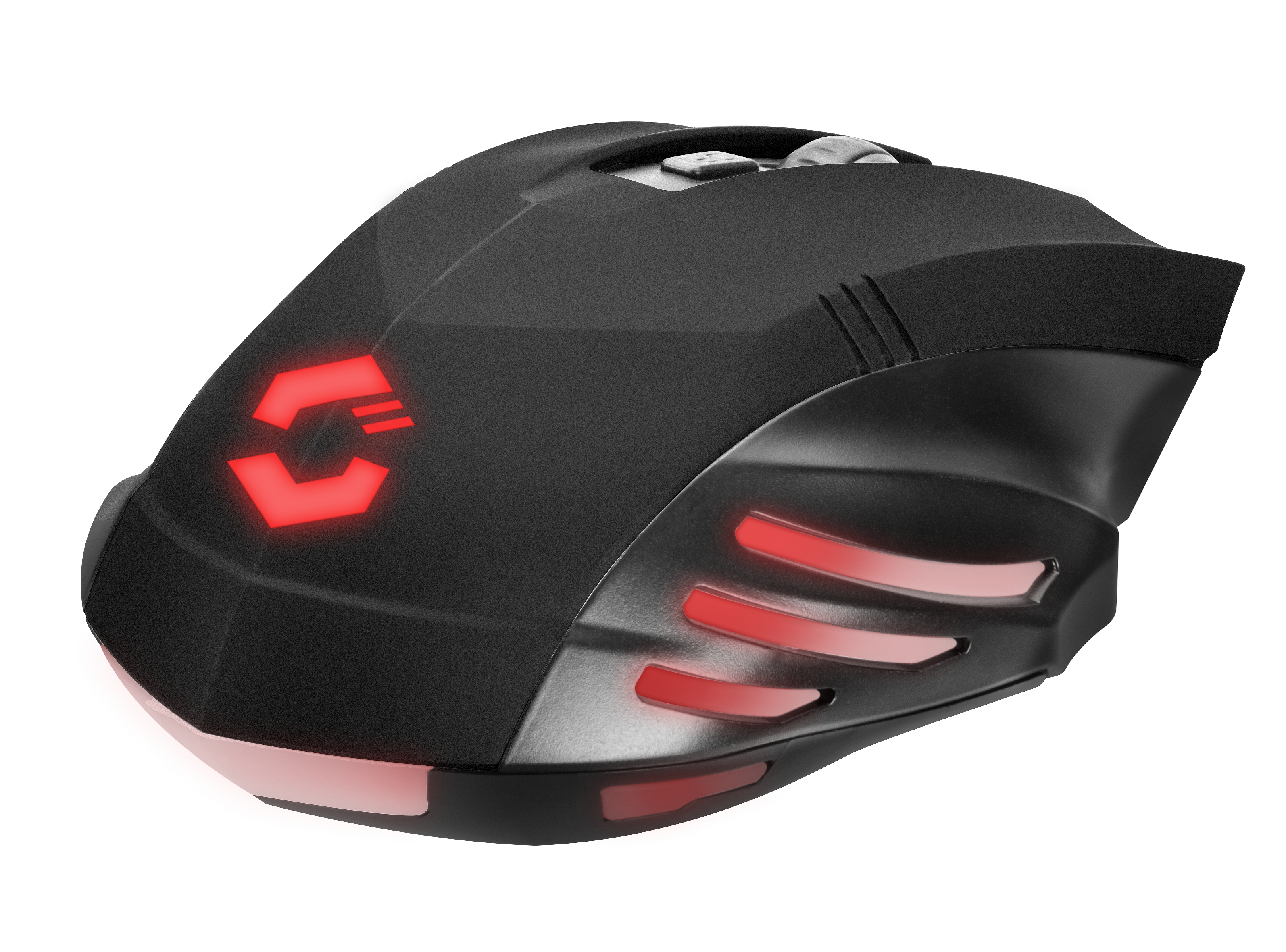 Schwarze Gaming-Maus mit roten LED-Leuchteffekten und ergonomischem Design