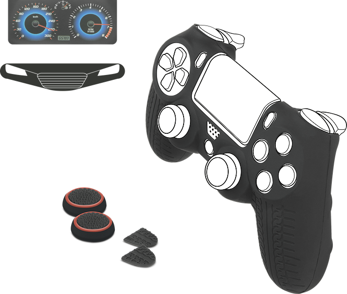 Set mit Gamecontroller, Lenkrad-Aufsätzen, Analogstick-Griffen und Racing-Dashboard für Videospiele