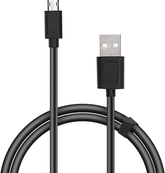 Abbildung eines schwarzen USB-zu-Micro-USB-Kabels, geeignet für Datenübertragung und Aufladen von Geräten