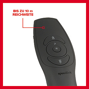 Speedlink Fernbedienung für Präsentationen mit Tasten und Hinweis auf 10 Meter Reichweite