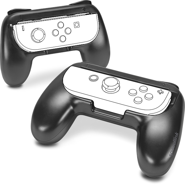 Zwei ergonomische Griffschalen für Nintendo Switch Joy-Con Controller, in Schwarz, nebeneinander liegend