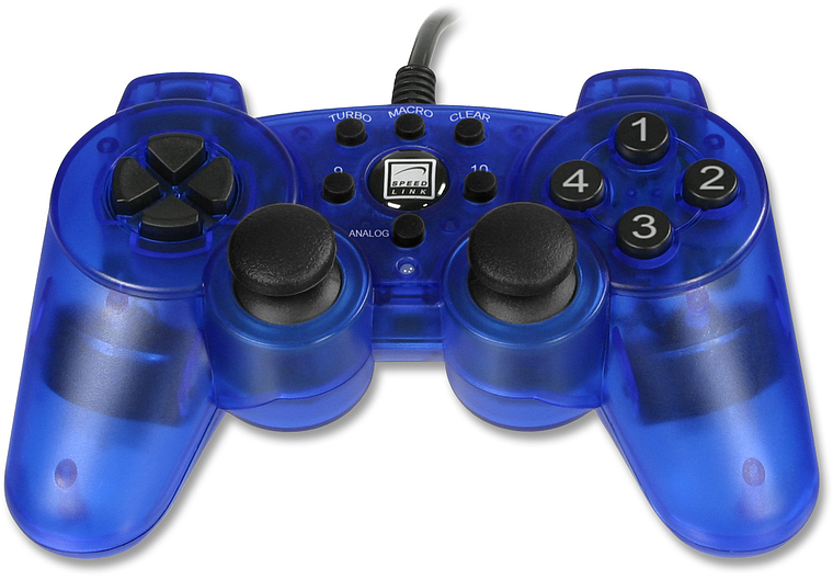 Blauer kabelgebundener Gamecontroller mit zwei Analogsticks, Steuerkreuz und Zahlen-Tasten, geeignet für PC-Spiele