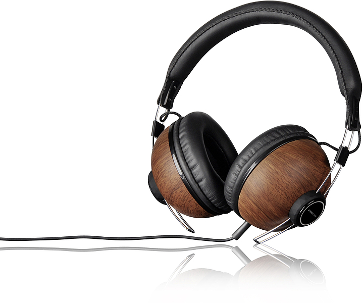 Eleganter Over-Ear-Kopfhörer mit brauner Holzoptik, schwarzem Kopfband und Kabel, isolierte Ohrpolster