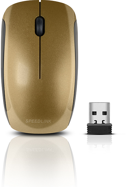 Kabellose Computermaus von SPEEDLINK in goldener Farbe mit passendem USB-Empfänger