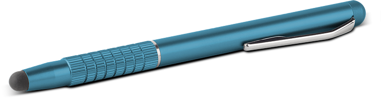 Abbildung eines blauen Stylus-Stifts mit Metallclip, geeignet für Touchscreens und zum Schreiben auf Papier