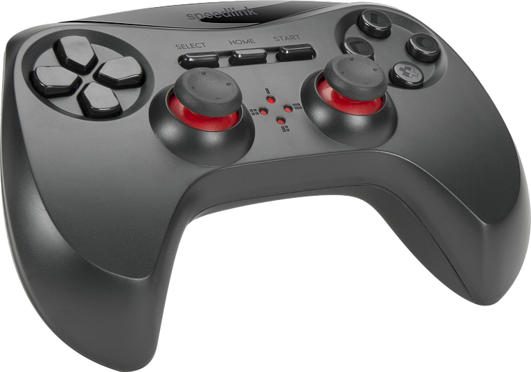 Abbildung eines schwarzen Speedlink Gamecontrollers mit zwei Joysticks, Steuerkreuz und Funktionstasten