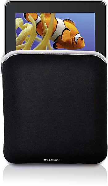 Schwarze SPEEDLINK Tablet-Hülle mit sichtbarem Tablet-Display, das einen Clownfisch zeigt