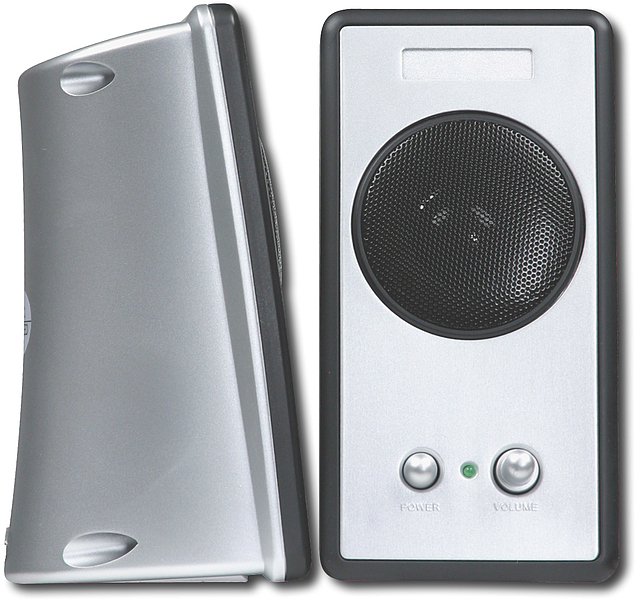 Zwei silberne Computer-Lautsprecher, einer frontal und einer seitlich abgebildet, mit Bedienelementen für Lautstärke und Strom.