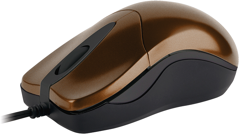 Braune kabelgebundene Computermaus mit ergonomischer Form und schwarzem Scrollrad