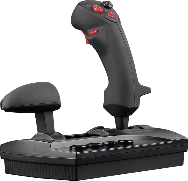 Schwarzer Flugsimulator Joystick mit roten Tasten und integriertem Schubregler für PC-Spiele