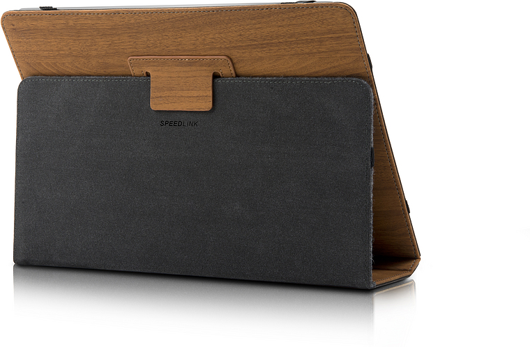 Tablet-Schutzhülle von Speedlink in Holzoptik mit schwarzer Abdeckung und praktischer Standfunktion