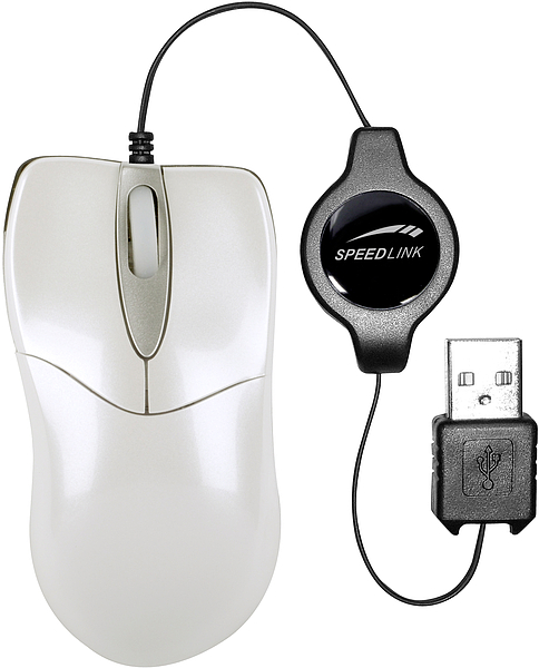 Weiße optische USB-Maus von Speedlink mit ausziehbarem Kabel und USB-Anschluss