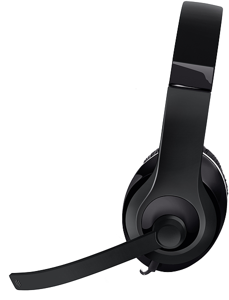 Abbildung eines schwarzen Headsets mit Mikrofonbügel, ideal für Telefonie, Videokonferenzen und Gaming