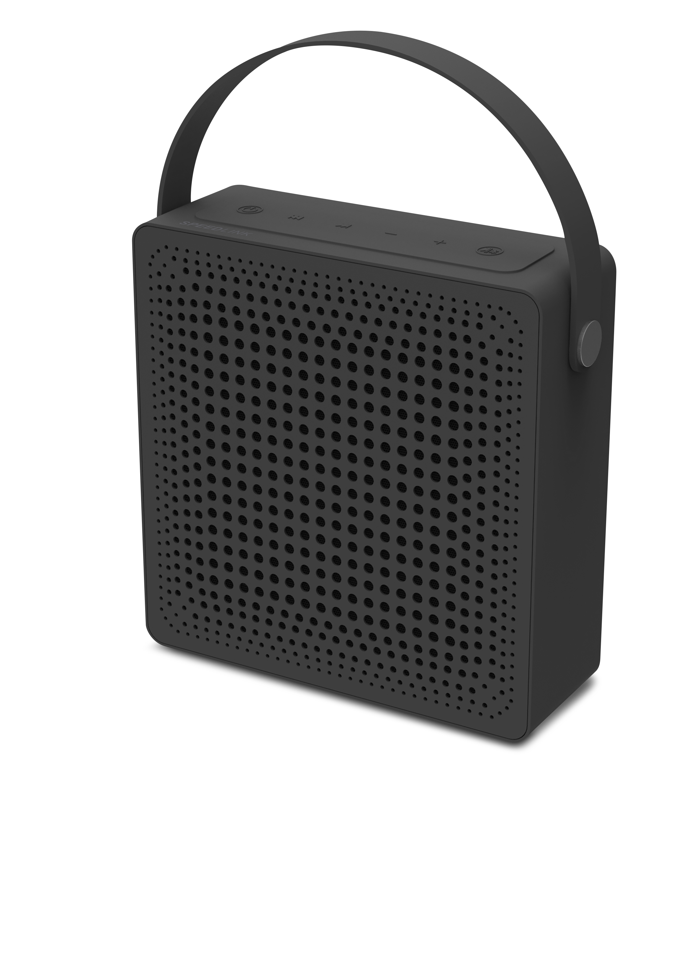 Schwarzer tragbarer Bluetooth-Lautsprecher mit Tragegriff und modernem Lochdesign, ideal für mobile Musik