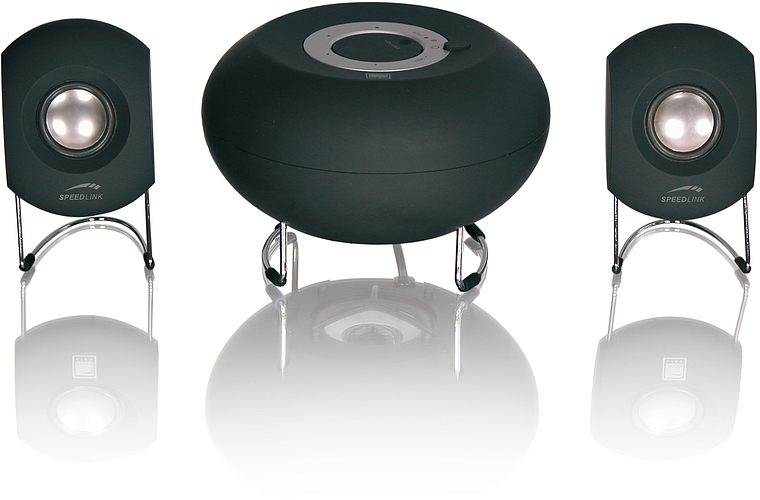 SPEEDLINK 2.1 Lautsprechersystem mit mattschwarzem Subwoofer und zwei Satellitenlautsprechern auf silbernen Standfüßen
