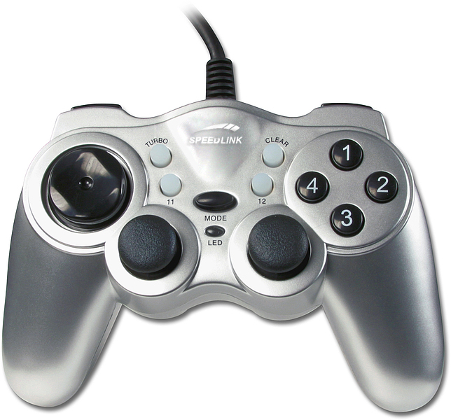 Silbernes Speedlink USB Gamepad mit zwei Joysticks, Steuerkreuz und nummerierten Tasten für PC-Gaming