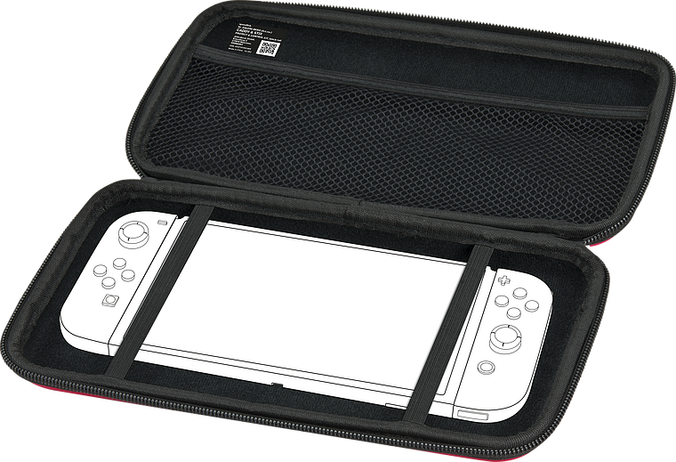 Aufklappbare Schutztasche für Nintendo Switch, mit innenliegendem Netzfach und elastischen Haltebändern für sicheren Transport