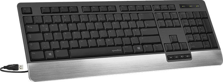 Moderne kabelgebundene Computertastatur mit schwarzer Tastenbelegung, silberner Front und Medientasten