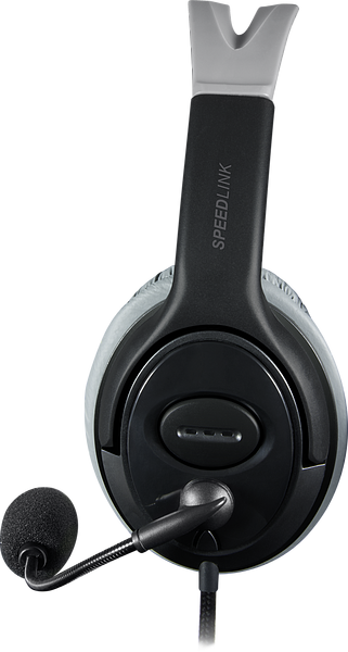 Schwarzes SPEEDLINK Gaming-Headset mit flexiblem Mikrofon und gepolsterten Ohrmuscheln, seitliche Ansicht