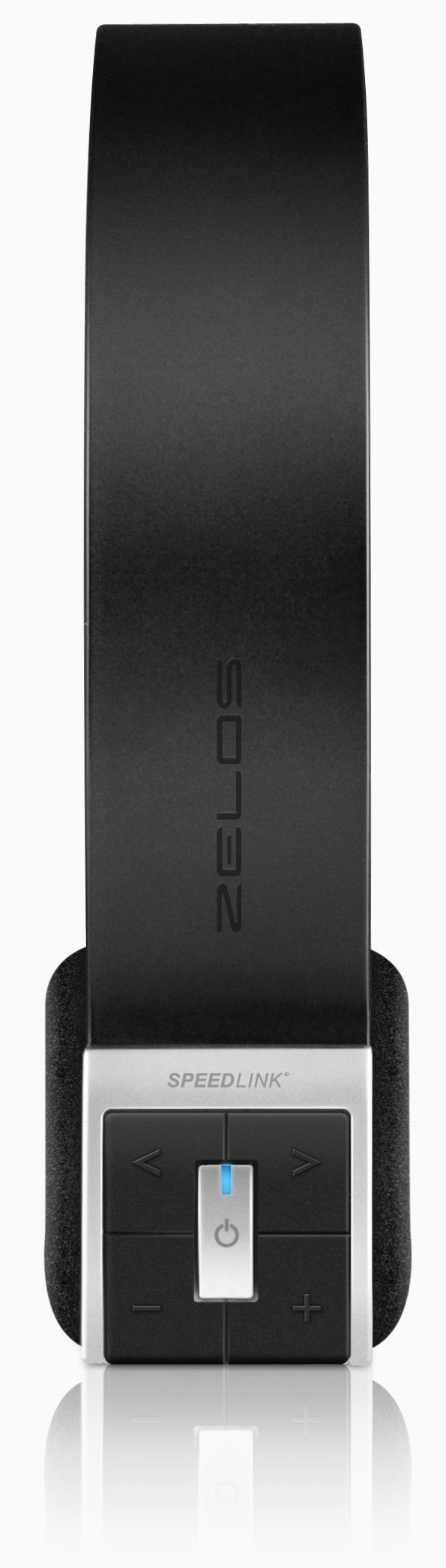 Frontansicht des schwarzen SPEEDLINK ZELOS On-Ear-Headsets mit integrierten Bedientasten am Ohrpolster