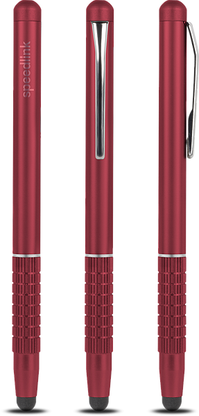 Drei Ansichten eines roten Speedlink Stylus-Stifts mit Clip, geeignet für Touchscreen-Geräte