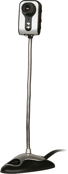 Schwarz-silberne USB-Webcam mit flexiblem Schwanenhals und stabilem Standfuß, ideal für Videokonferenzen