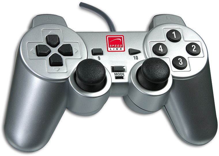 Silbernes Speedlink Gamepad mit zwei Analog-Sticks, Steuerkreuz und nummerierten Tasten