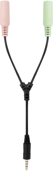 Schwarzes Audio Y-Adapterkabel mit einer 3,5mm Klinkenstecker und zwei 3,5mm Klinkenbuchsen, farblich markiert in Rosa und Grün