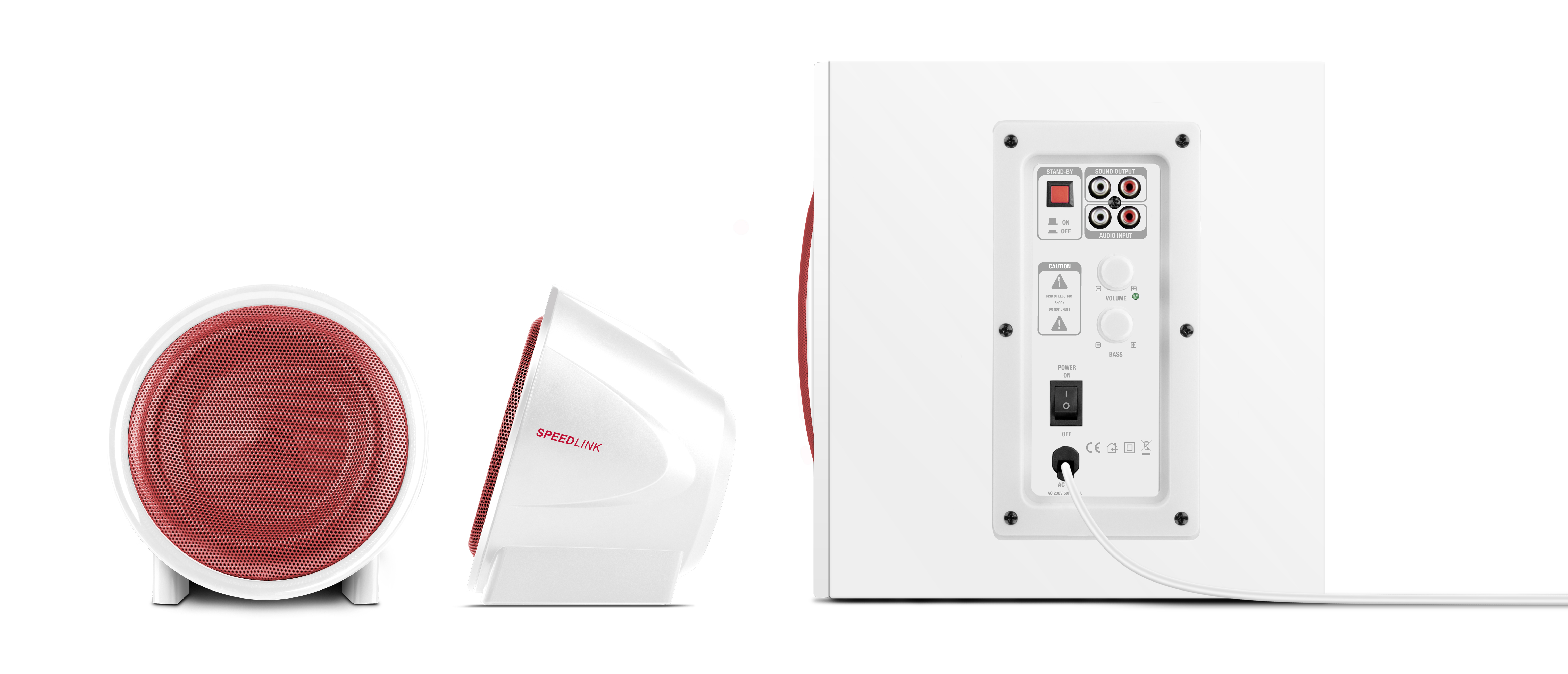 Weiß-rotes SPEEDLINK Lautsprechersystem mit Subwoofer, Seiten- und Rückansicht, zeigt Bedienelemente und Anschlussmöglichkeiten