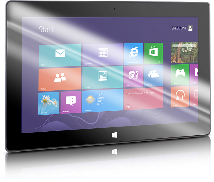 Abbildung eines Tablets mit Windows-Betriebssystem und farbiger Kachel-Oberfläche