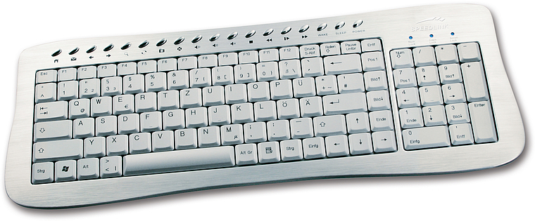 Silberne Tastatur mit deutschem QWERTZ-Layout, Ziffernblock und zusätzlichen Funktionstasten, geeignet für Büro und Home-Office