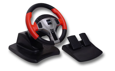 Lenkrad-Set mit Pedalen in Schwarz und Rot, geeignet für Rennsimulationen am Computer oder an der Spielekonsole