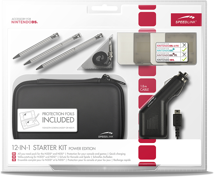 Starterkit für Nintendo DS und 3DS von SPEEDLINK mit Tasche, Stylus, Displayschutzfolien, Reinigungsset, Ladeadapter und Spielehüllen